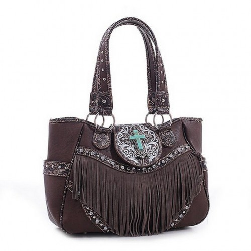 Cross Charm Western Style with Fringe Accent Tote Bag - Coffee - BG-MJ6802CF